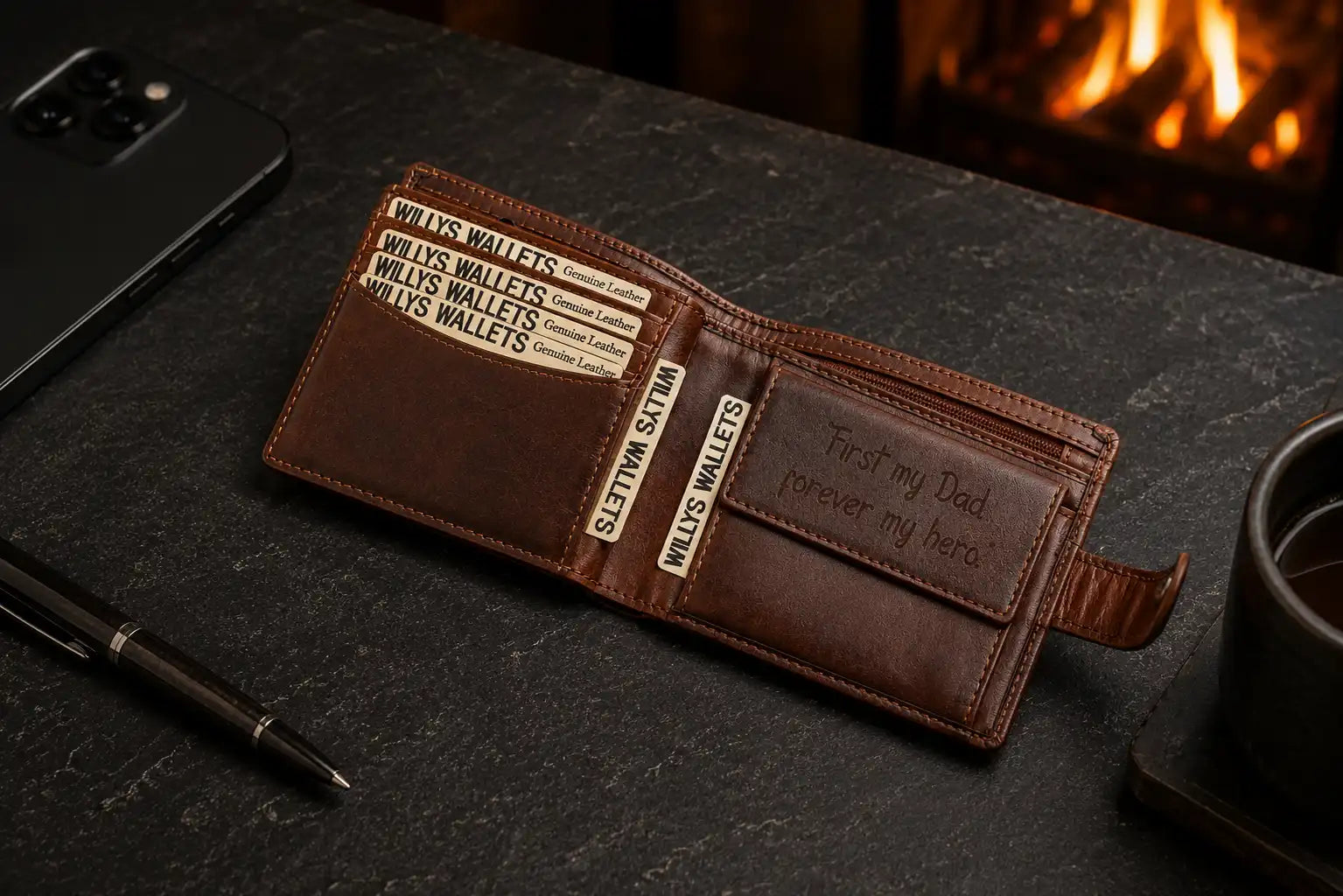 Personalised Cognac Leather Wallet – Bifold with Coin Pocket & RFID Card Slots