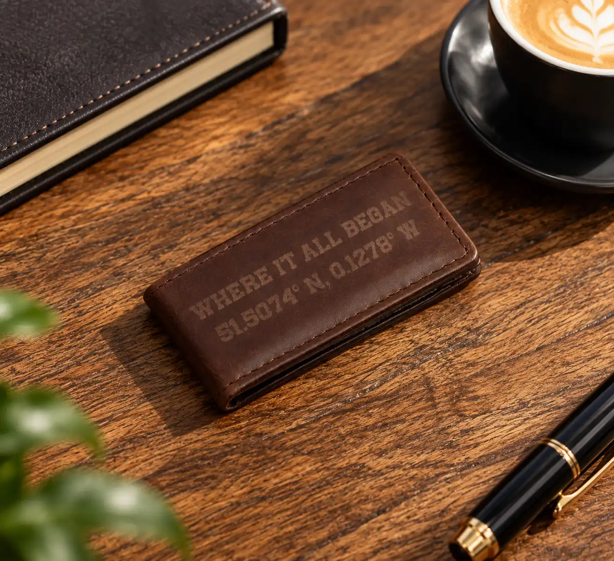Slim personalised dark brown leather money clip wallet with engraved message