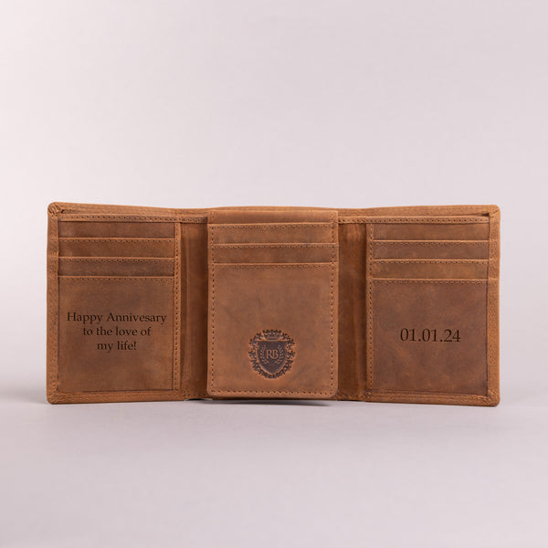 Personalised Engraved Trifold Cognac Hunter Leather Wallet