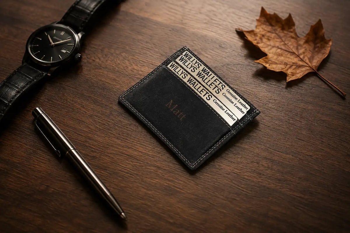 Personalised Black Leather Card Holder – Slim Hunter Wallet with RFID Protection