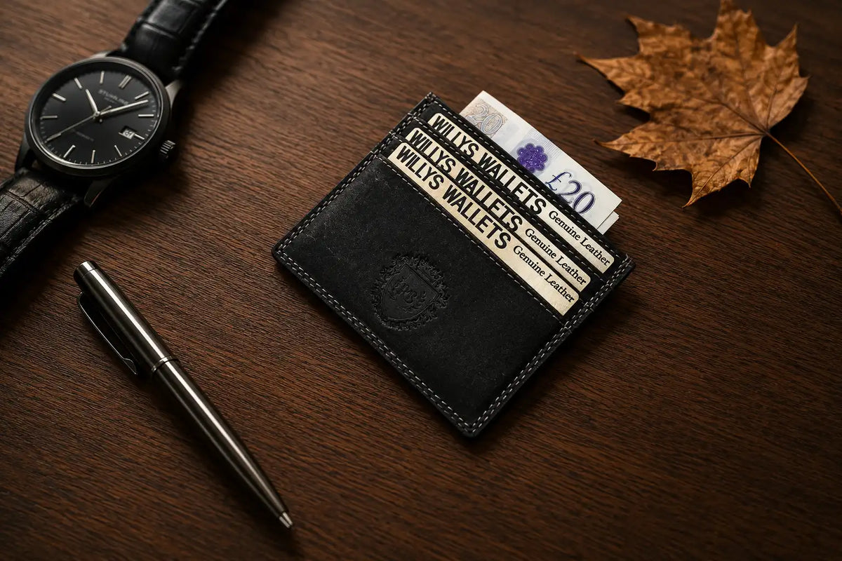 Personalised Black Leather Card Holder – Slim Hunter Wallet with RFID Protection