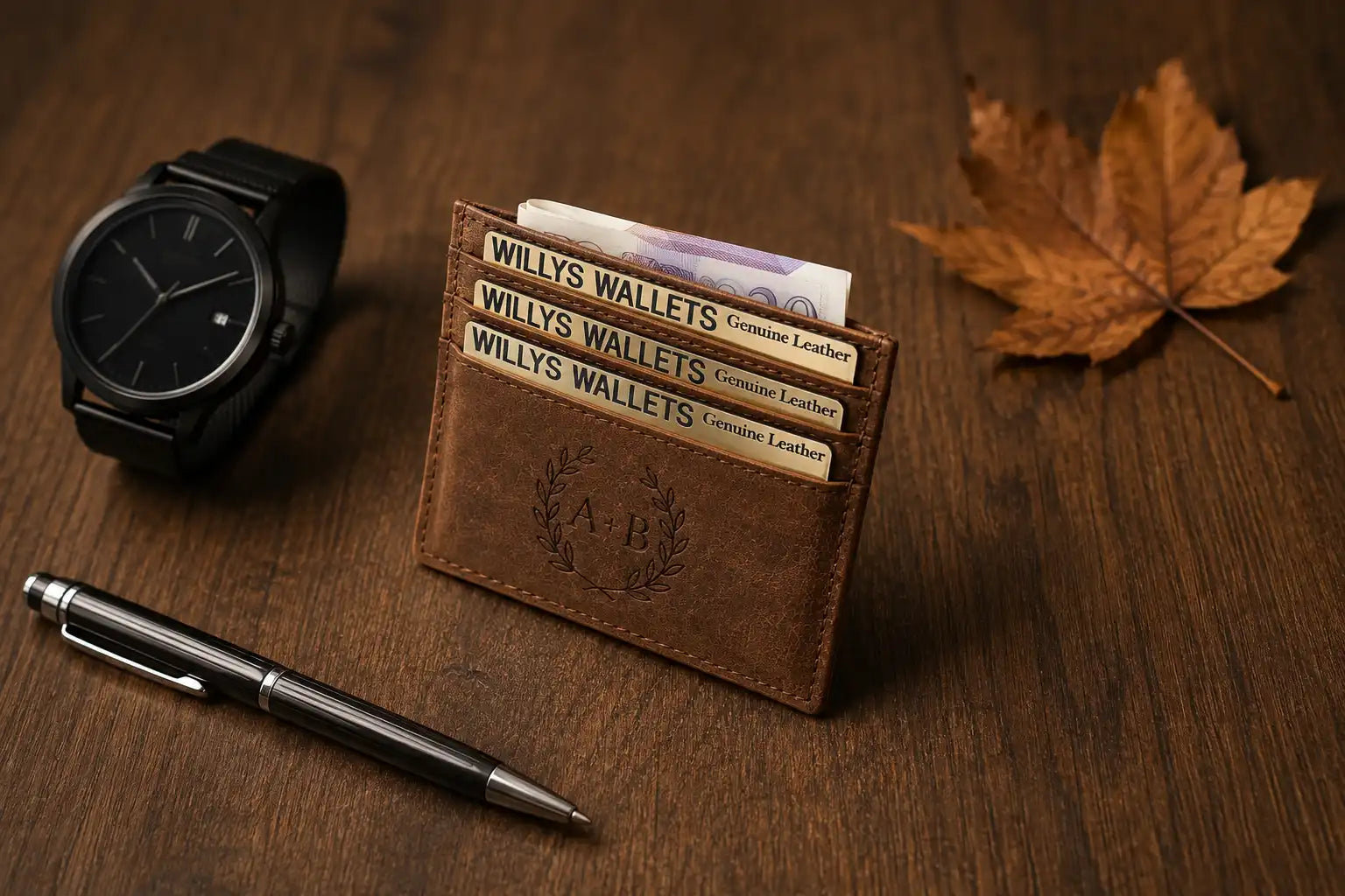 Personalised Cognac Leather Card Holder – Slim Hunter Wallet with RFID