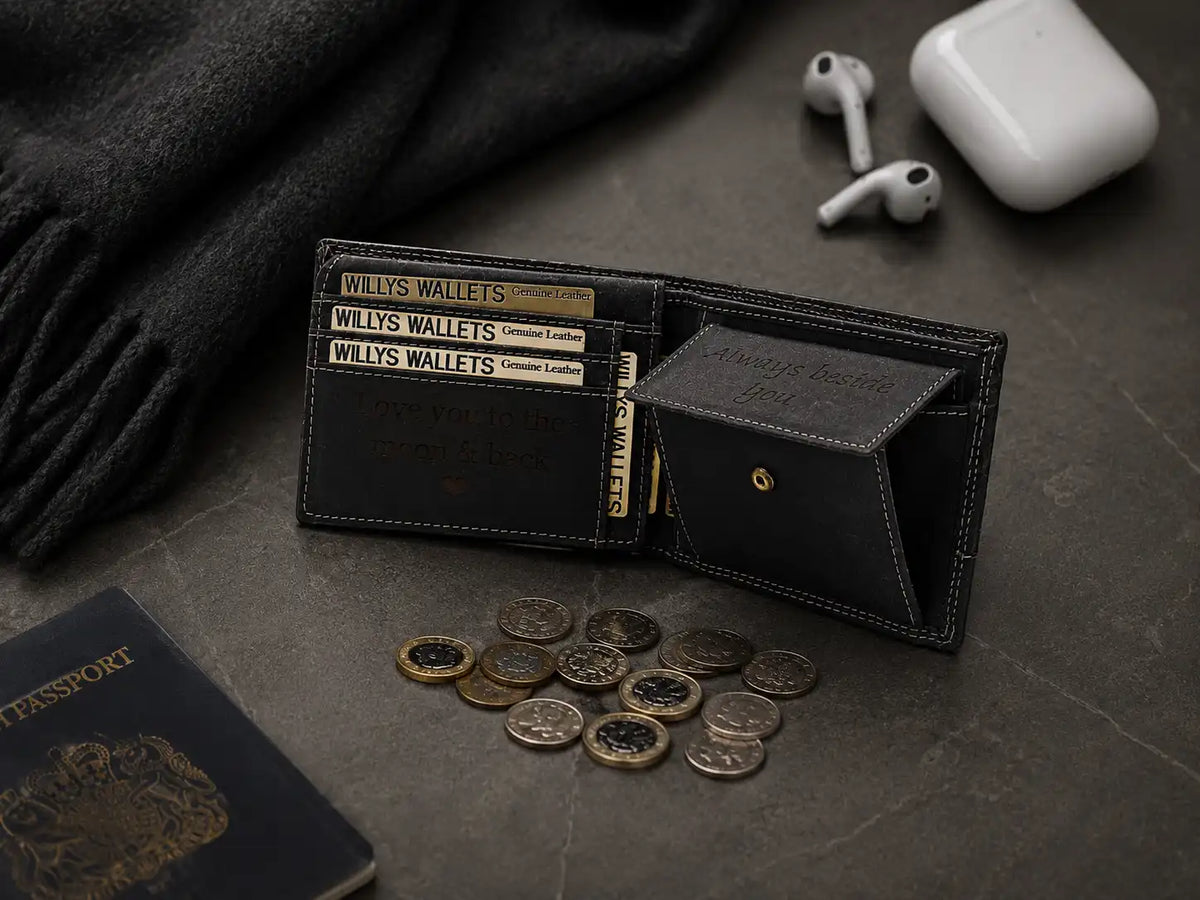 Personalised Black Leather Wallet – Bifold Hunter Style with Coin Pocket & RFID