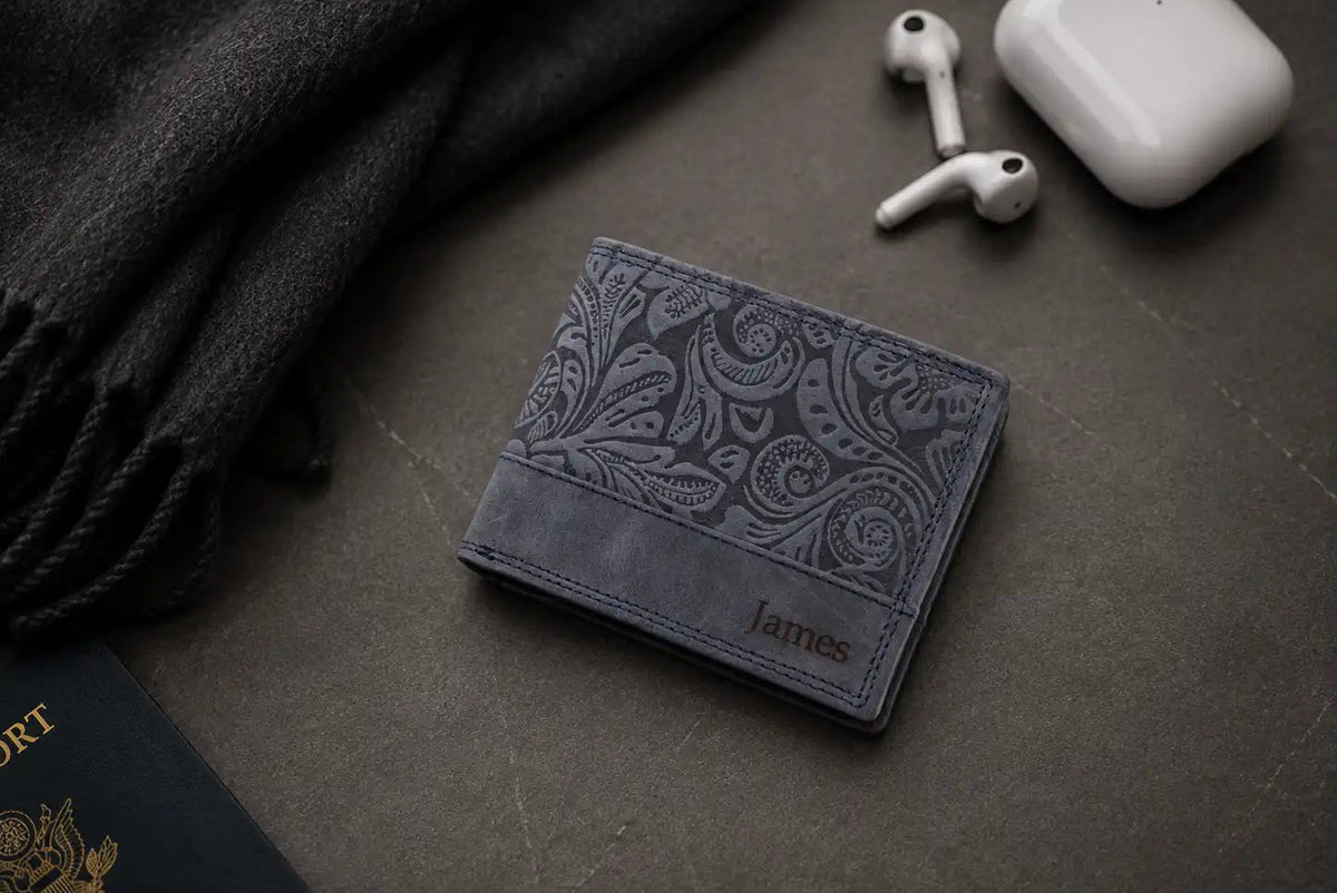 Personalised Navy Leather Wallet – Bifold Hunter Style with Floral Exterior & RFID