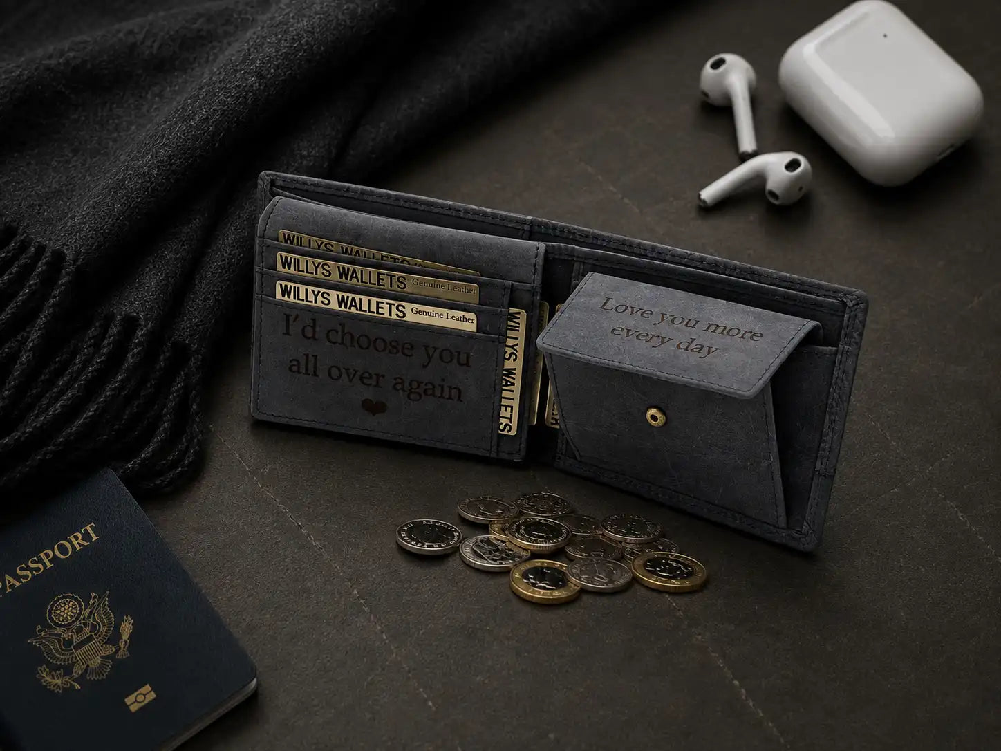 Personalised Navy Leather Wallet – Bifold Hunter Style with Floral Exterior & RFID