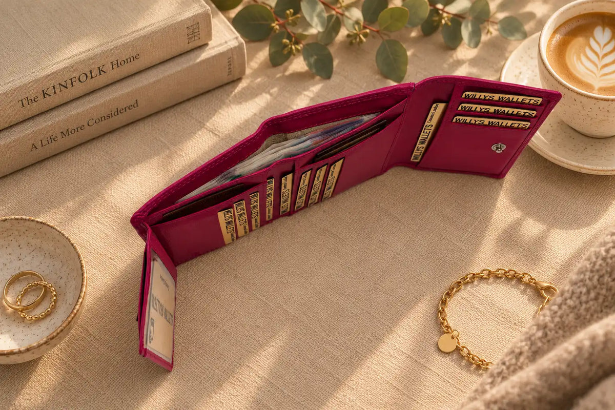 Open pink leather ladies purse showing organised card holders and press stud closure