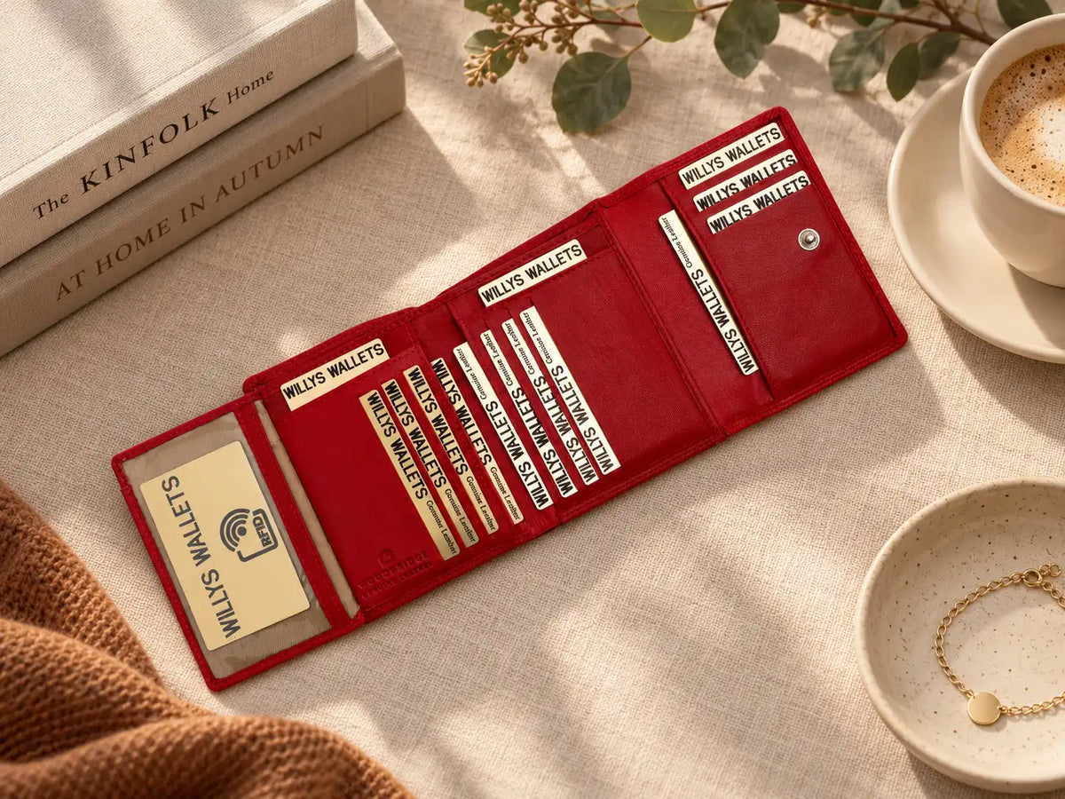 Red RFID leather wallet for women with card slots and transparent ID window
