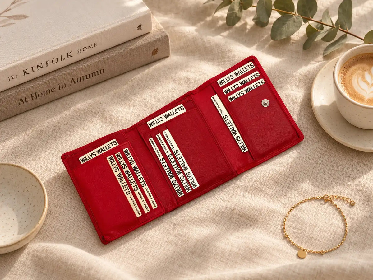Open red leather ladies purse with 18 card slots and press stud closure