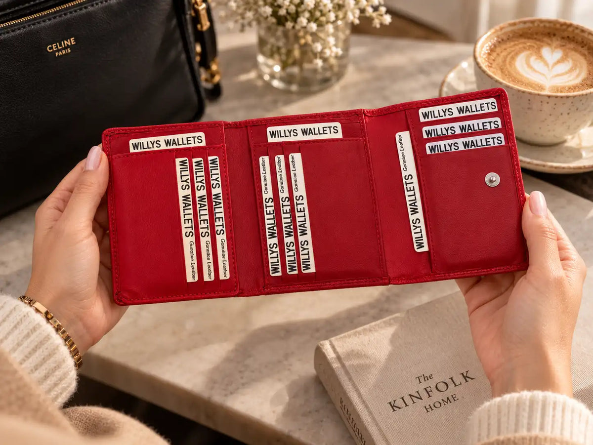 Women's red leather wallet held open showing organised card compartments