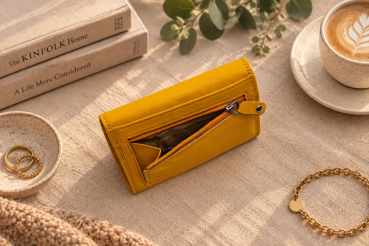 Yellow genuine leather ladies purse with open rear zipped coin pocket