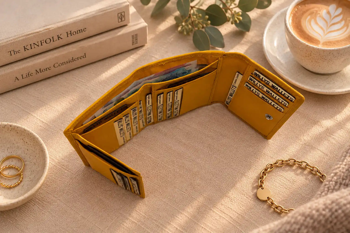 Yellow RFID leather wallet with transparent ID window and card holders
