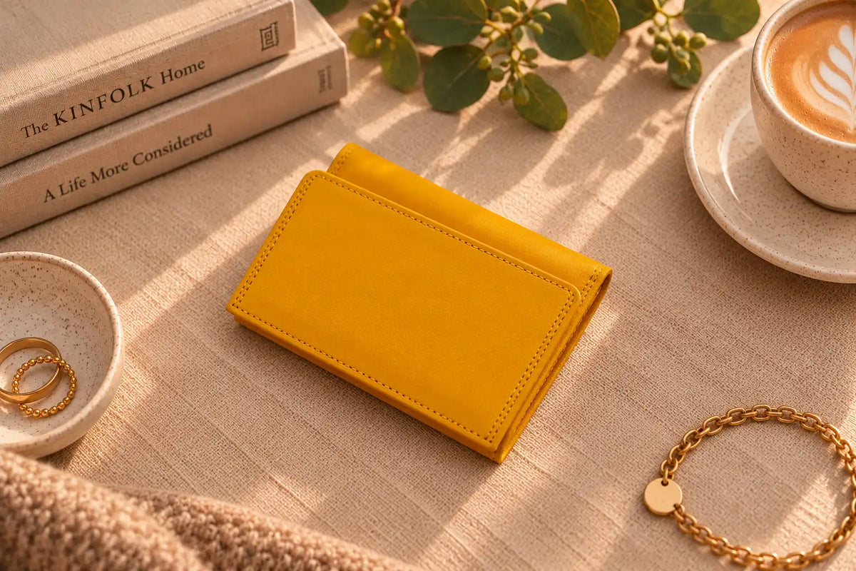Personalised yellow leather purse for women with engraved name