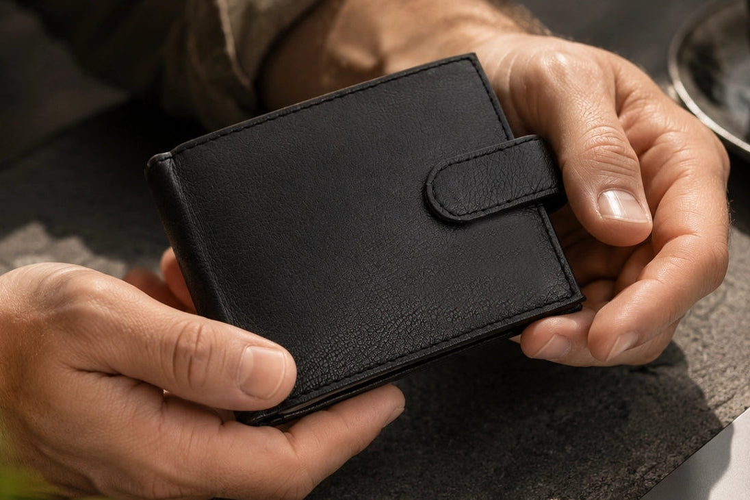 Personalised engraved black leather wallet