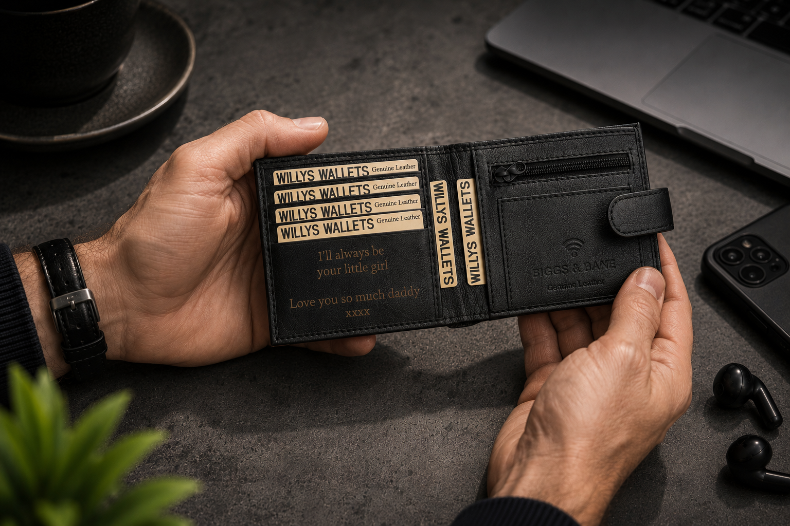 Personalised Black Leather Wallet – Bifold with Zip Coin Pocket