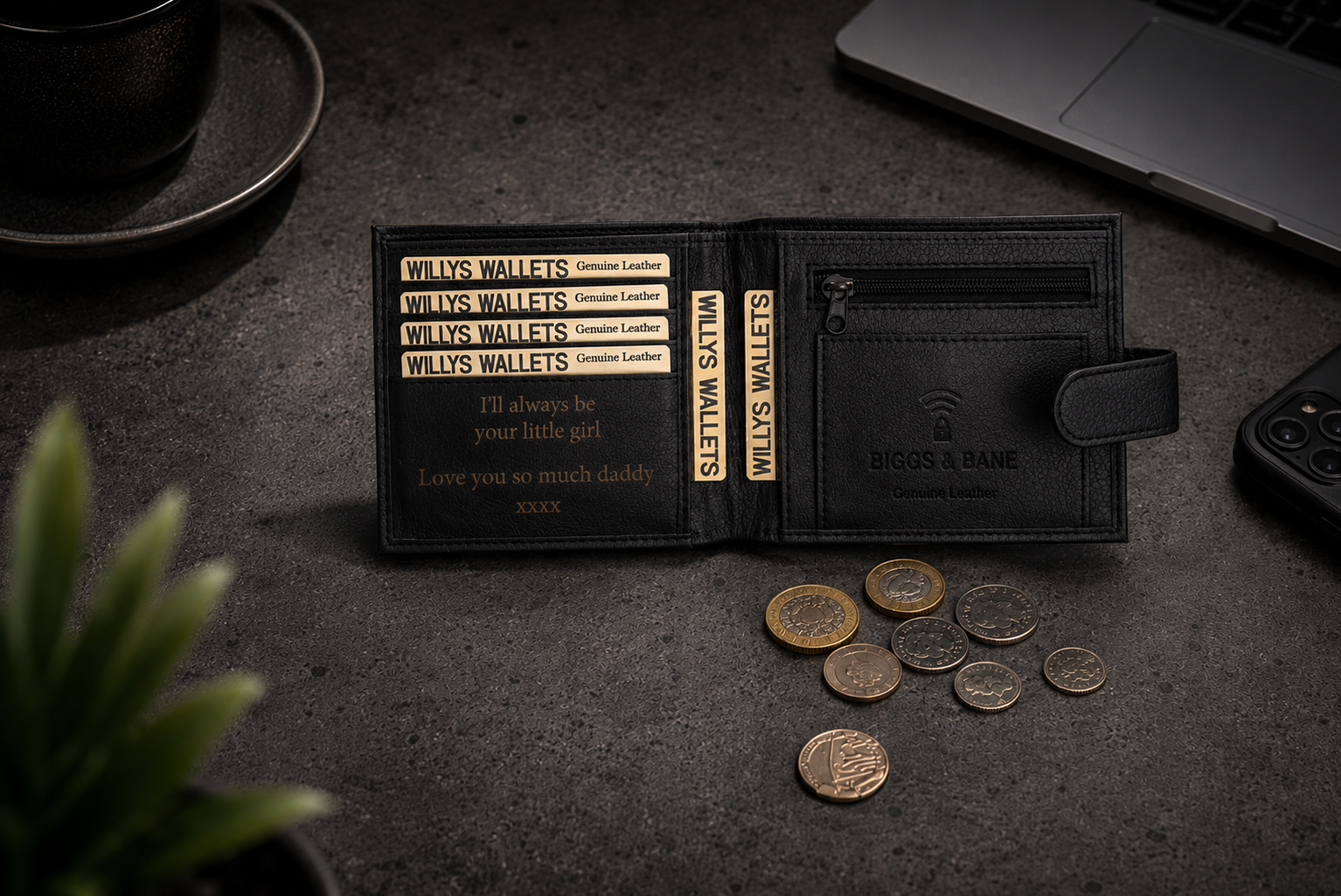 Personalised Black Leather Wallet – Bifold with Zip Coin Pocket
