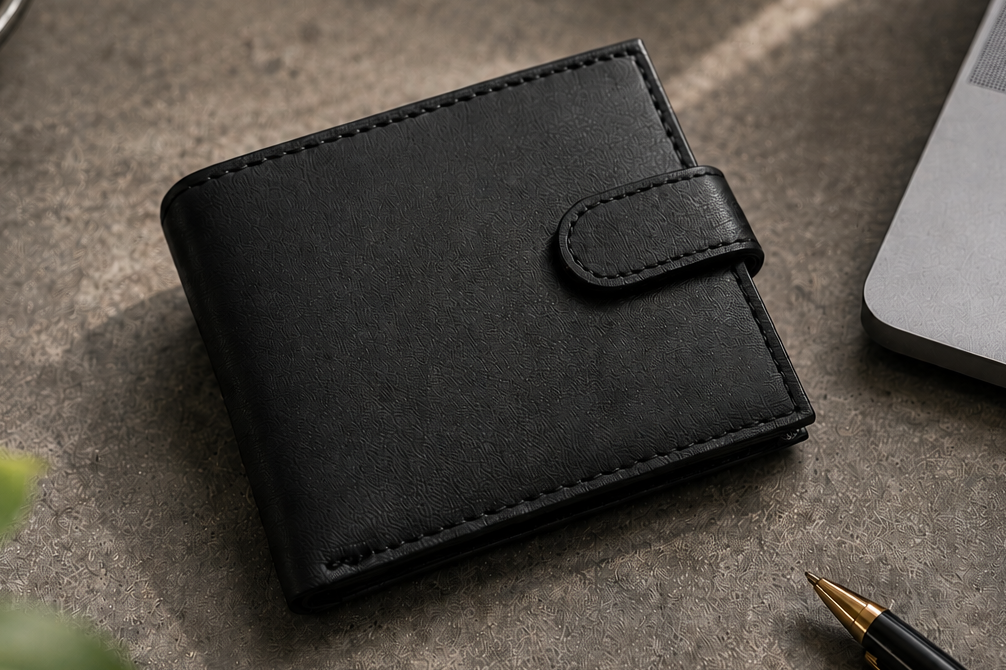 Personalised Black Leather Wallet – Bifold with Coin Pocket & Custom Engraving