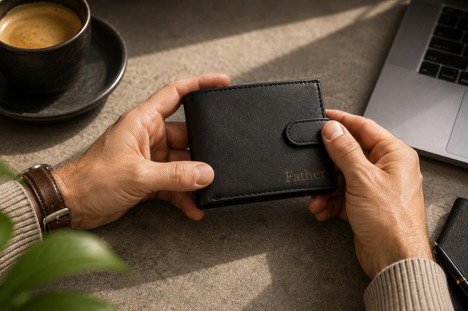 Personalised Black Leather Wallet – Bifold with Coin Pocket & Custom Engraving