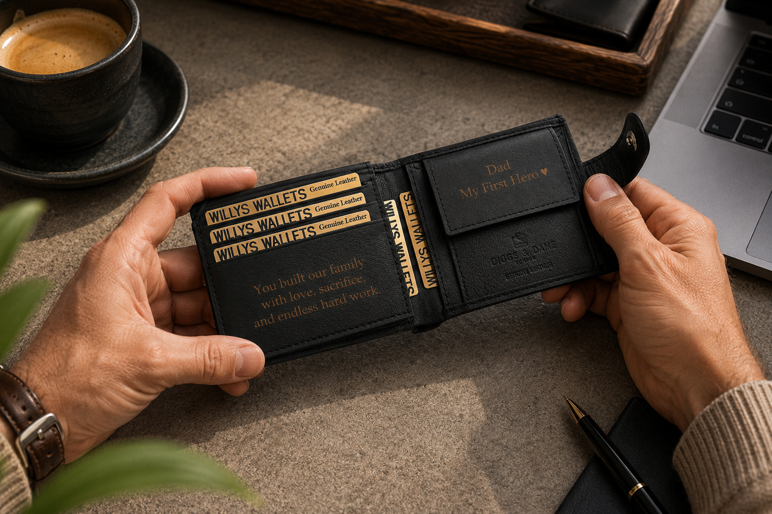 Personalised Black Leather Wallet – Bifold with Coin Pocket & Custom Engraving
