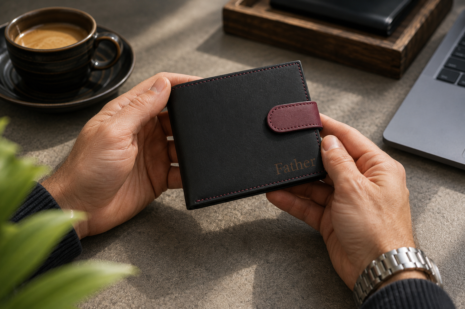 Personalised Black & Burgundy Leather Wallet – Bifold with Coin Pocket & Custom Engraving