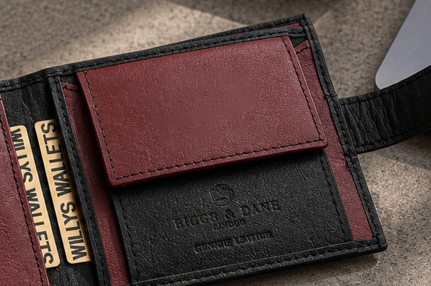 Personalised Black & Burgundy Leather Wallet – Bifold with Coin Pocket & Custom Engraving