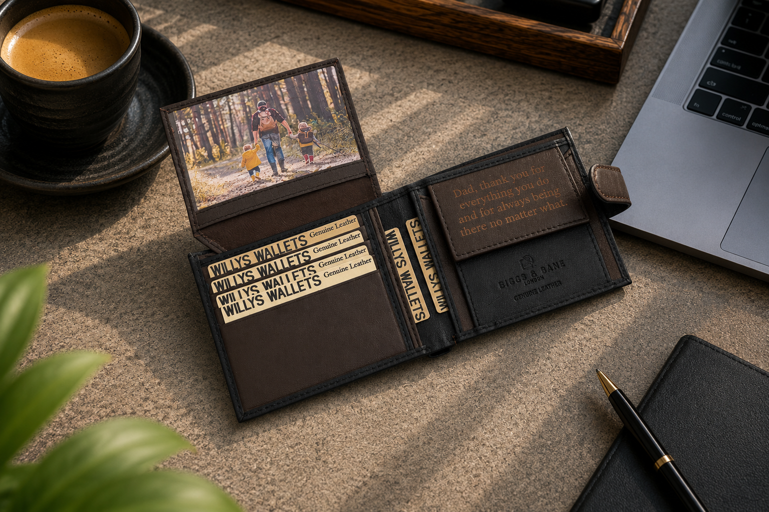Personalised Black & Dark Brown Leather Wallet – Bifold with Coin Pocket & Custom Engraving