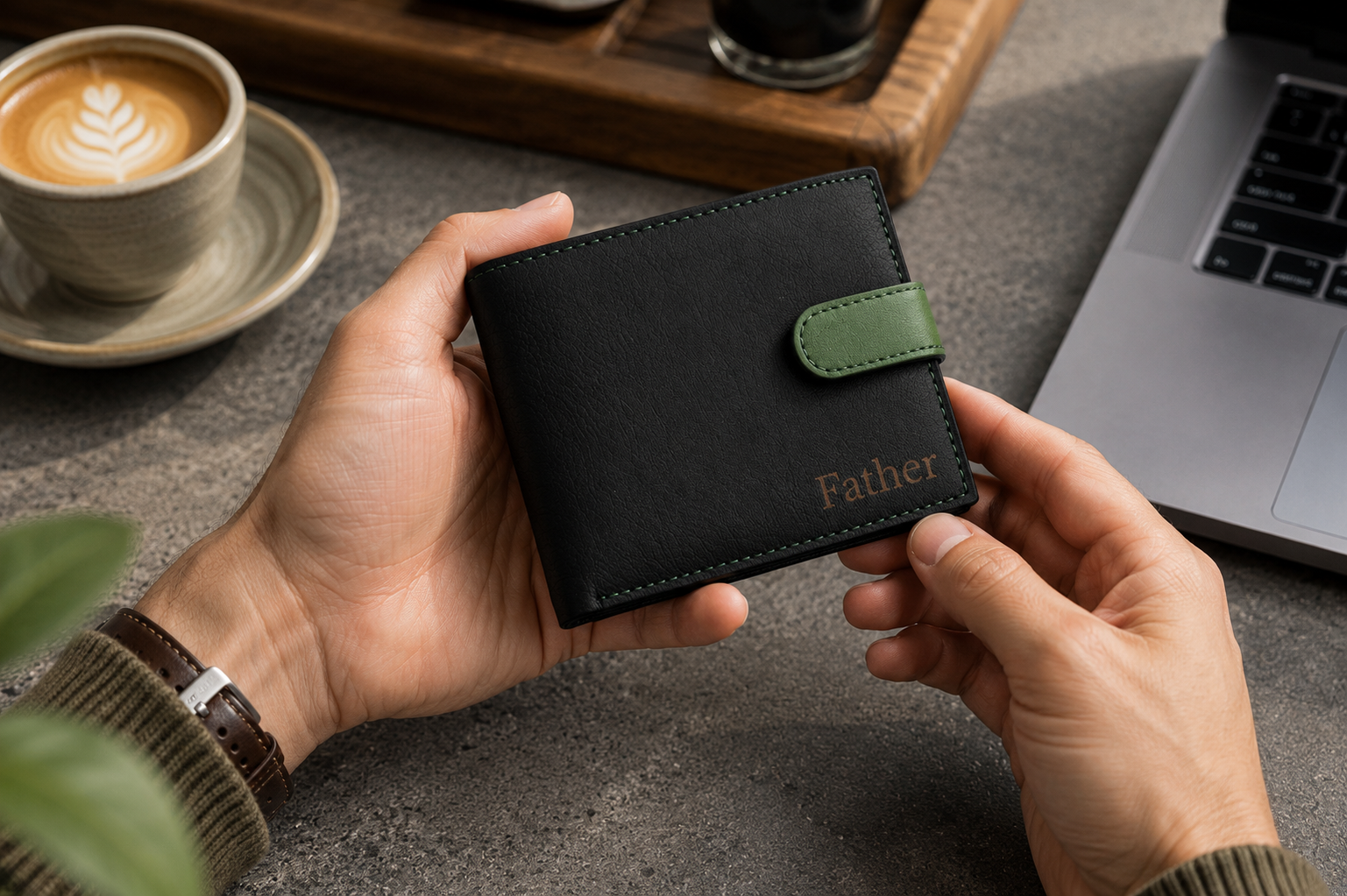 Personalised Black & Green Leather Wallet – Bifold with Coin Pocket & Custom Engraving