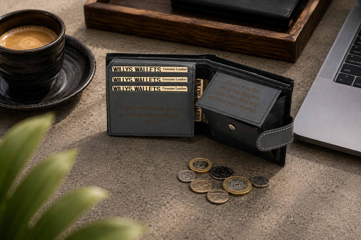 Personalised Black & Grey Leather Wallet – Bifold with Coin Pocket & Custom Engraving