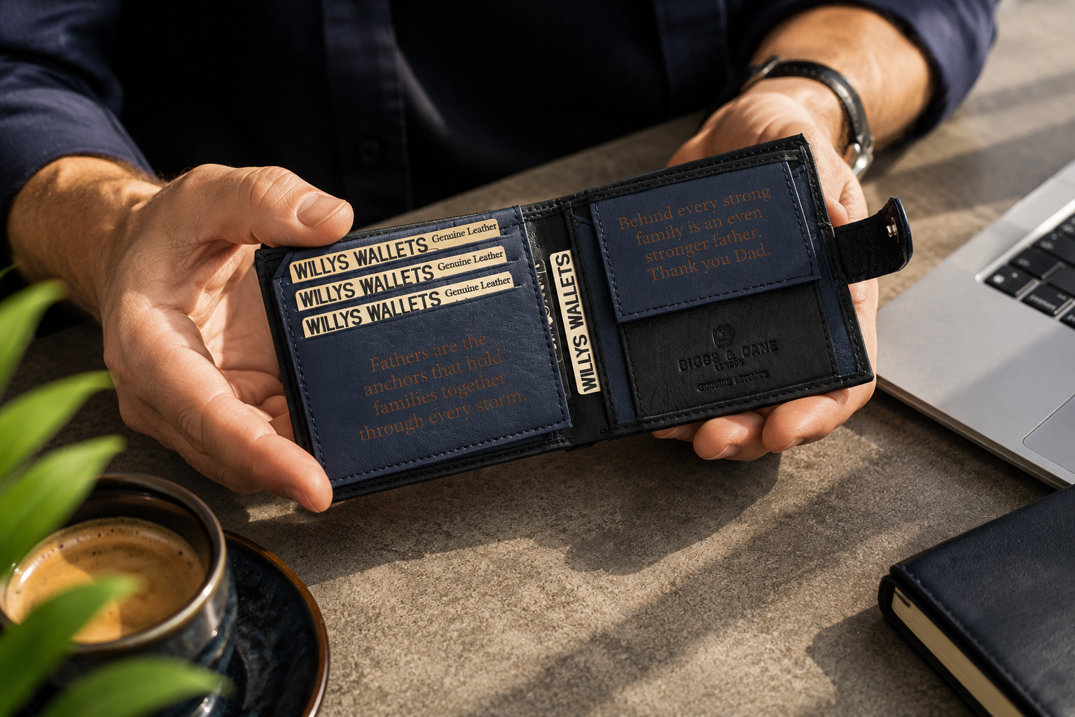 Personalised Black & Blue Leather Wallet – Bifold with Coin Pocket & Custom Engraving