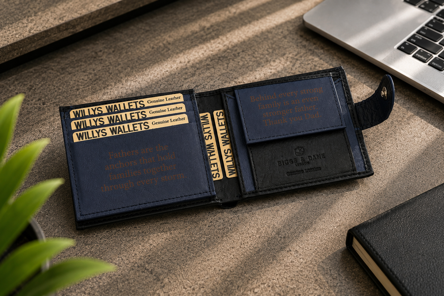 Personalised Black & Blue Leather Wallet – Bifold with Coin Pocket & Custom Engraving