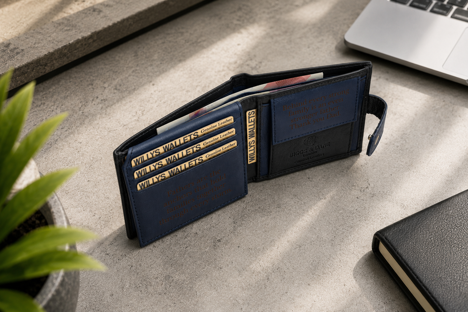 Personalised Black & Blue Leather Wallet – Bifold with Coin Pocket & Custom Engraving