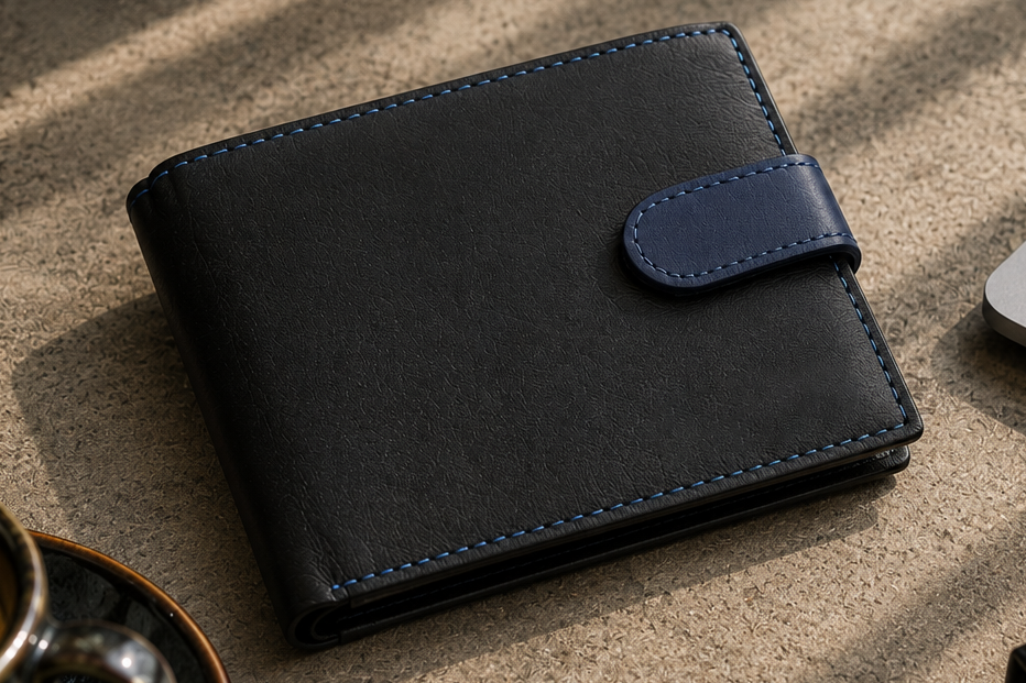 Personalised Black & Blue Leather Wallet – Bifold with Coin Pocket & Custom Engraving