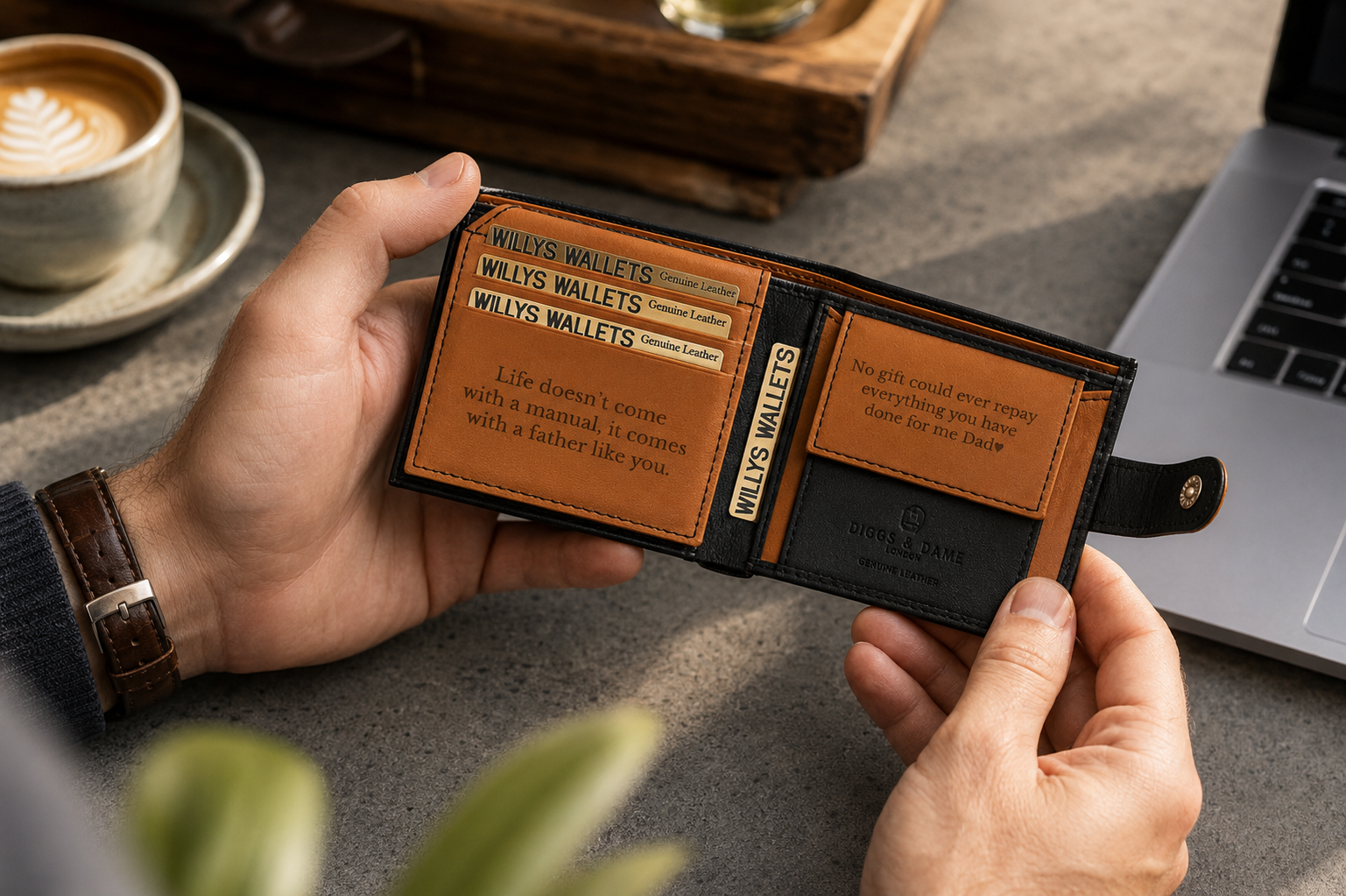 Personalised Black & Tan Leather Wallet – Bifold with Coin Pocket & Custom Engraving