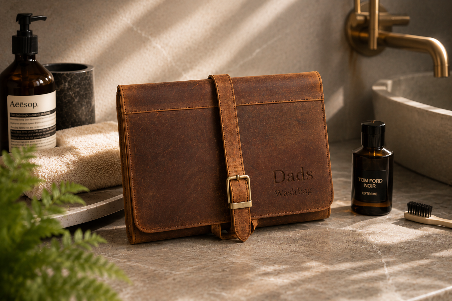 Personalised Brown Leather Hanging Wash Bag – Engraved Travel Toiletry Case