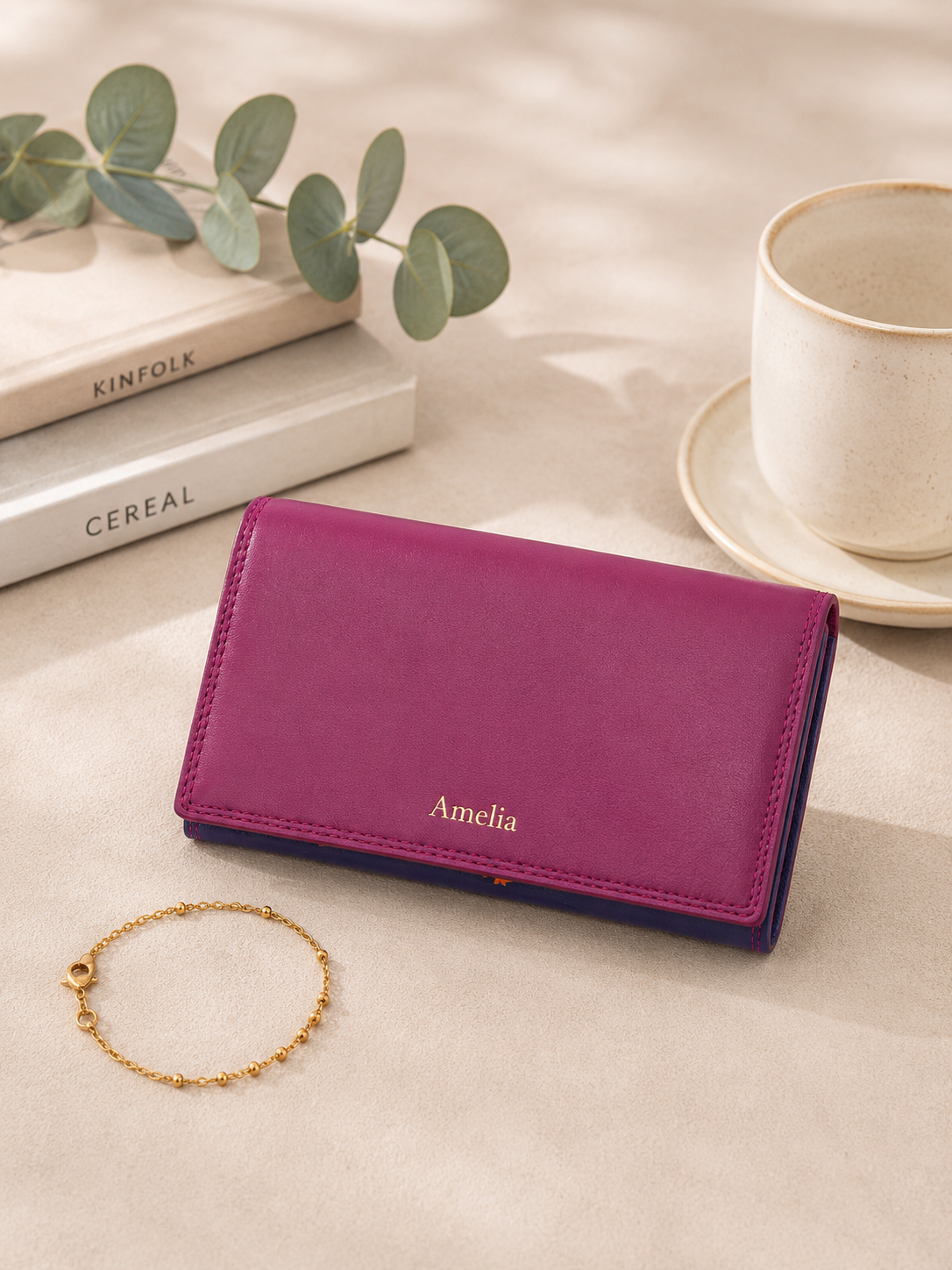 Personalised China Rose Multi Leather Purse – Women's RFID Long Wallet with 14 Card Slots & Coin Pocket