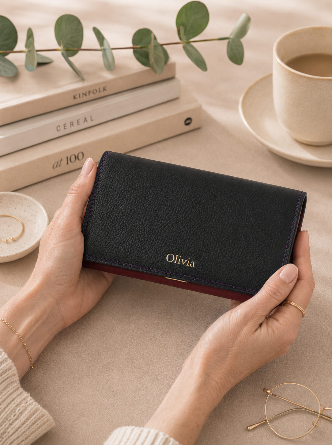 Personalised Midnight Multi Leather Purse – Women's RFID Long Wallet with 14 Card Slots & Coin Pocket