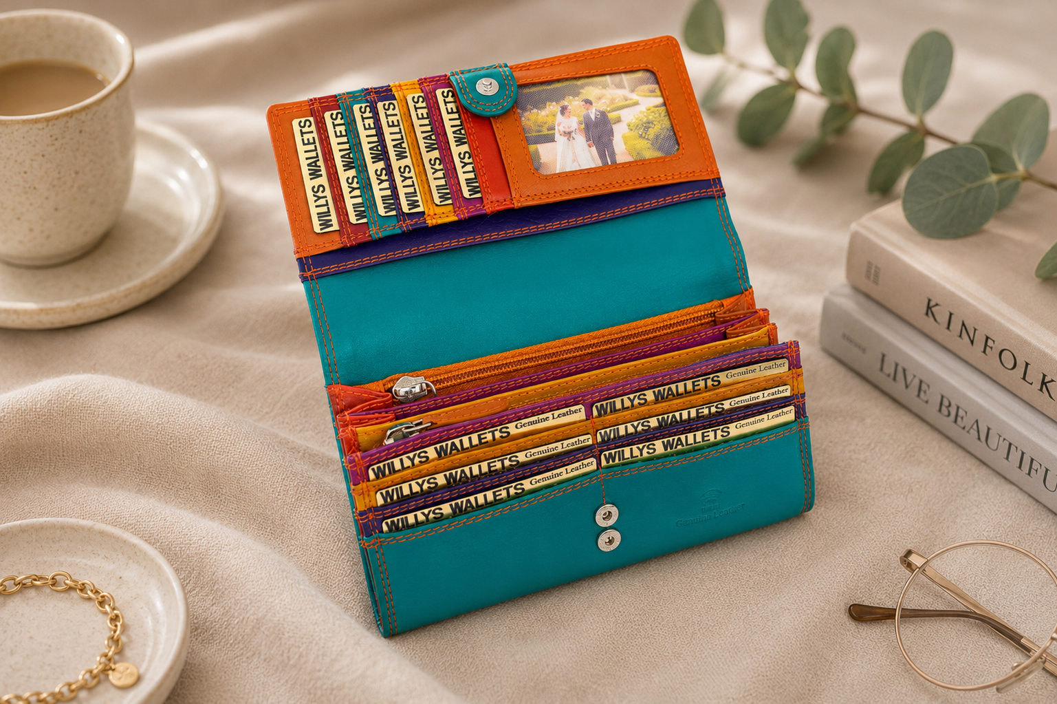 Personalised Seville Multi Leather Purse – Women's RFID Long Wallet with 14 Card Slots & Coin Pocket