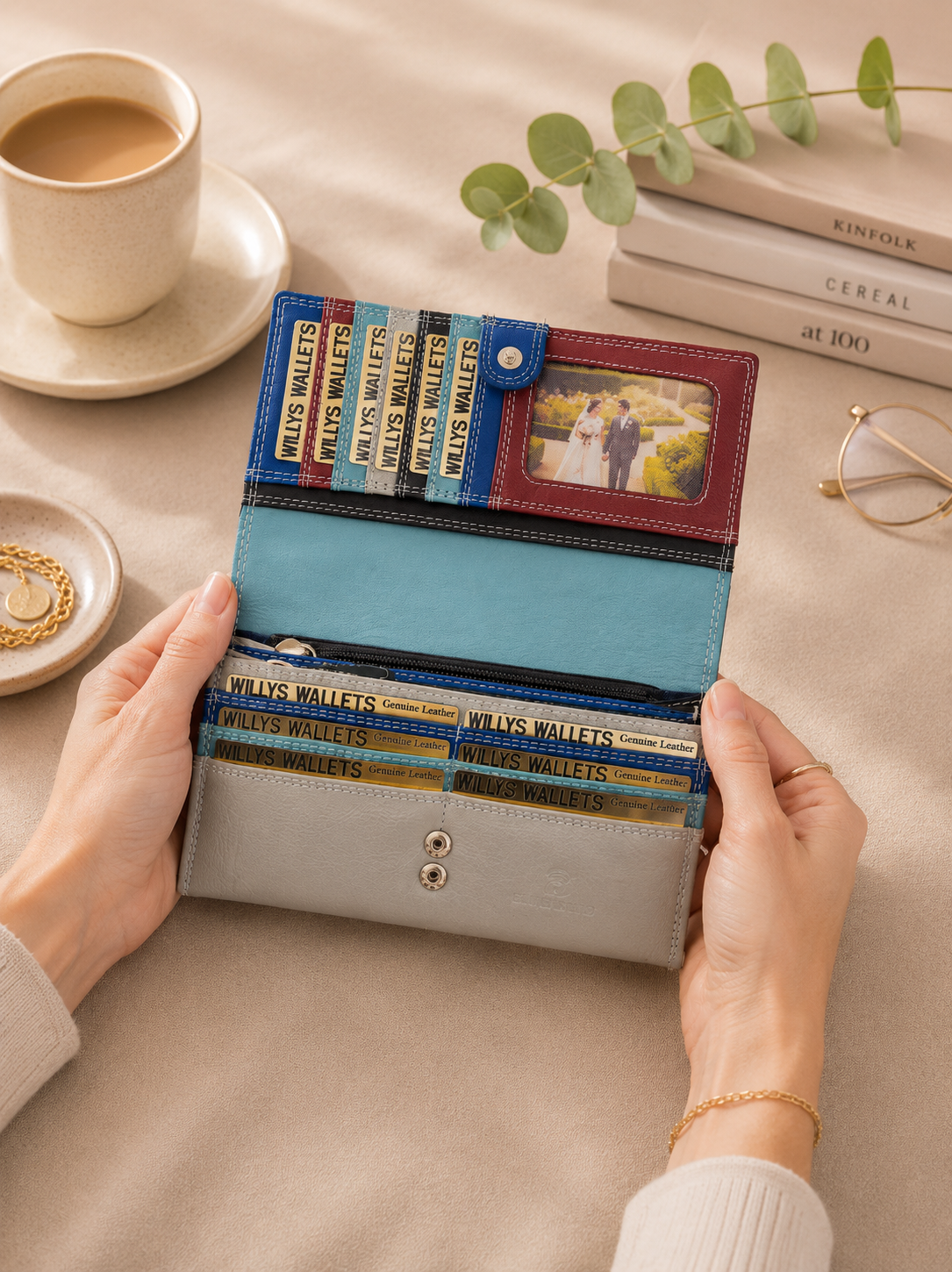 Personalised Sky Multi Leather Purse – Women's RFID Long Wallet with 14 Card Slots & Coin Pocket