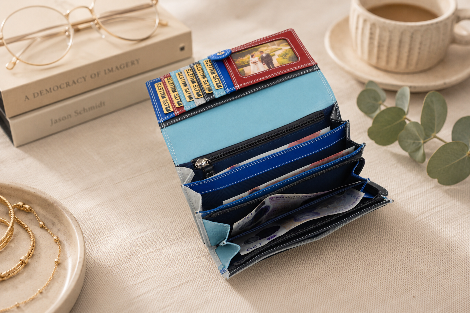 Personalised Sky Multi Leather Purse – Women's RFID Long Wallet with 14 Card Slots & Coin Pocket
