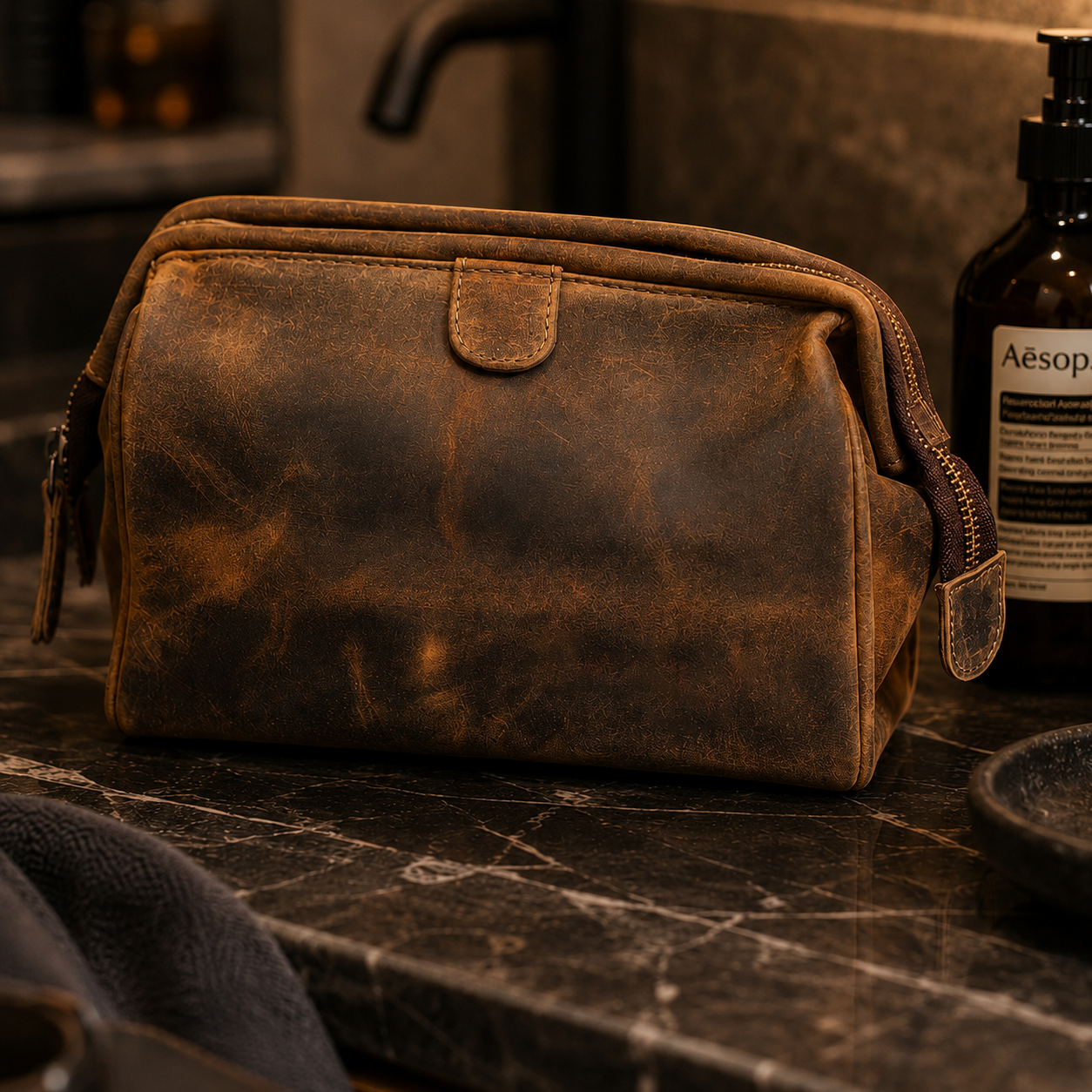 Personalised Brown Leather Wash Bag – Engraved Toiletry Bag for Travel
