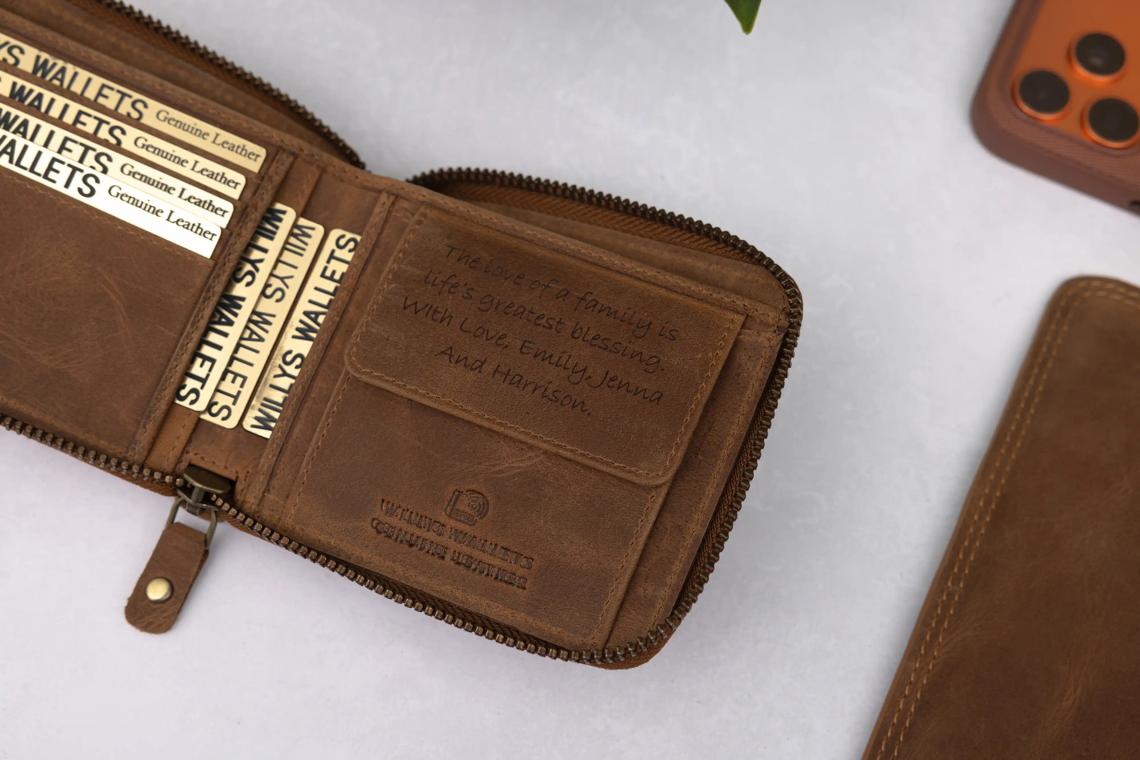 Personalised Rustic Brown Leather Wallet – Bifold Zip-Around RFID Wallet