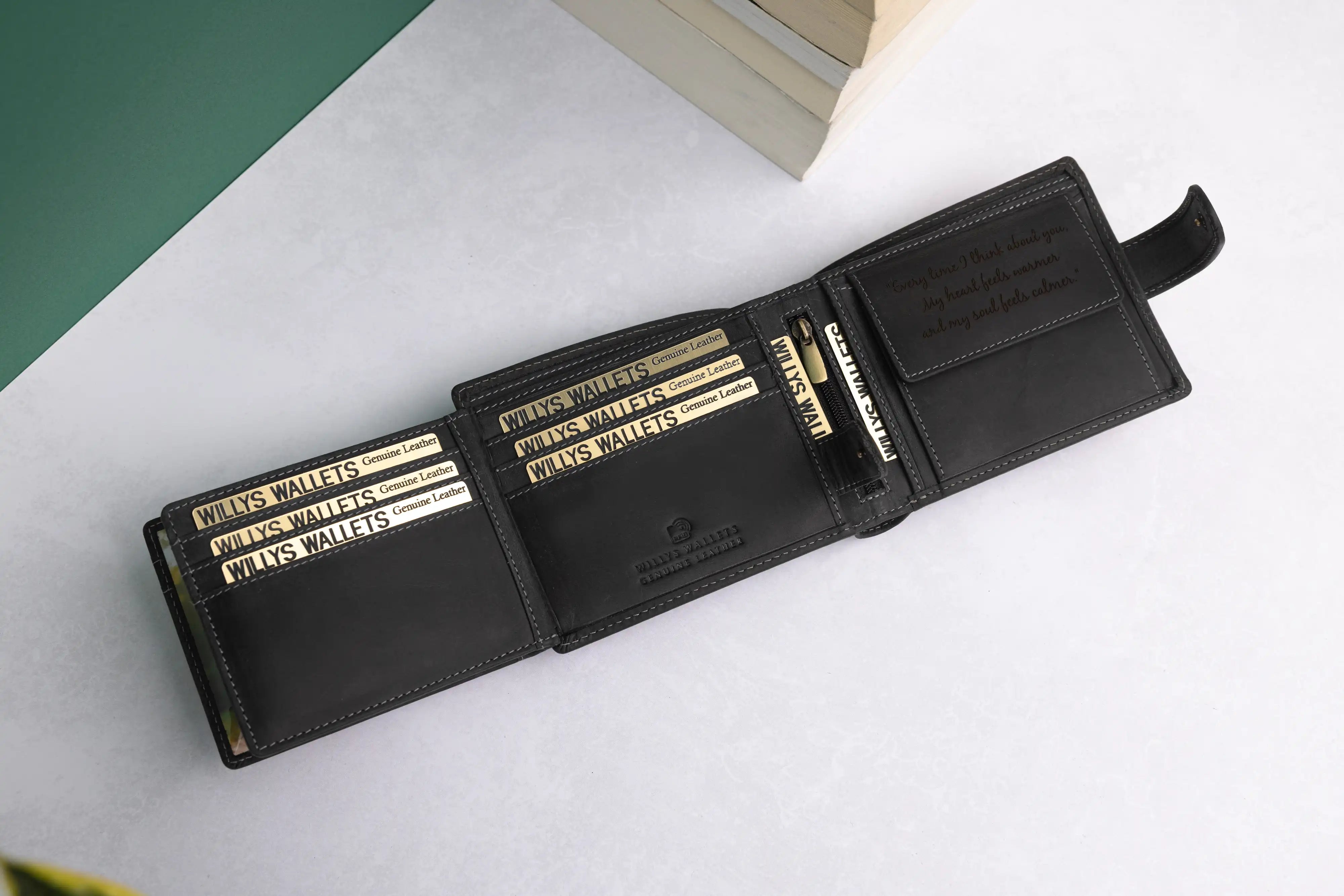 Personalised High-Capacity Black Hunter Leather Wallet – Bifold RFID Wallet for Men