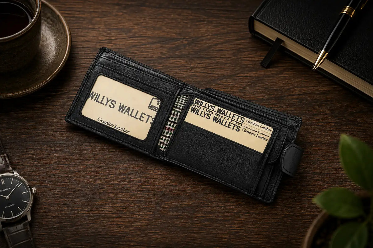 Personalised Black Leather Wallet – Bifold with Coin Pocket & Custom Engraving