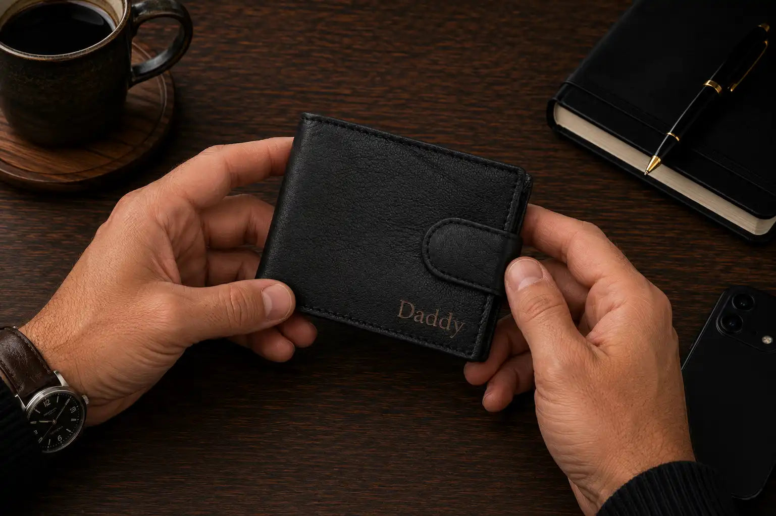 Personalised Black Leather Wallet – Bifold with Coin Pocket & Custom Engraving