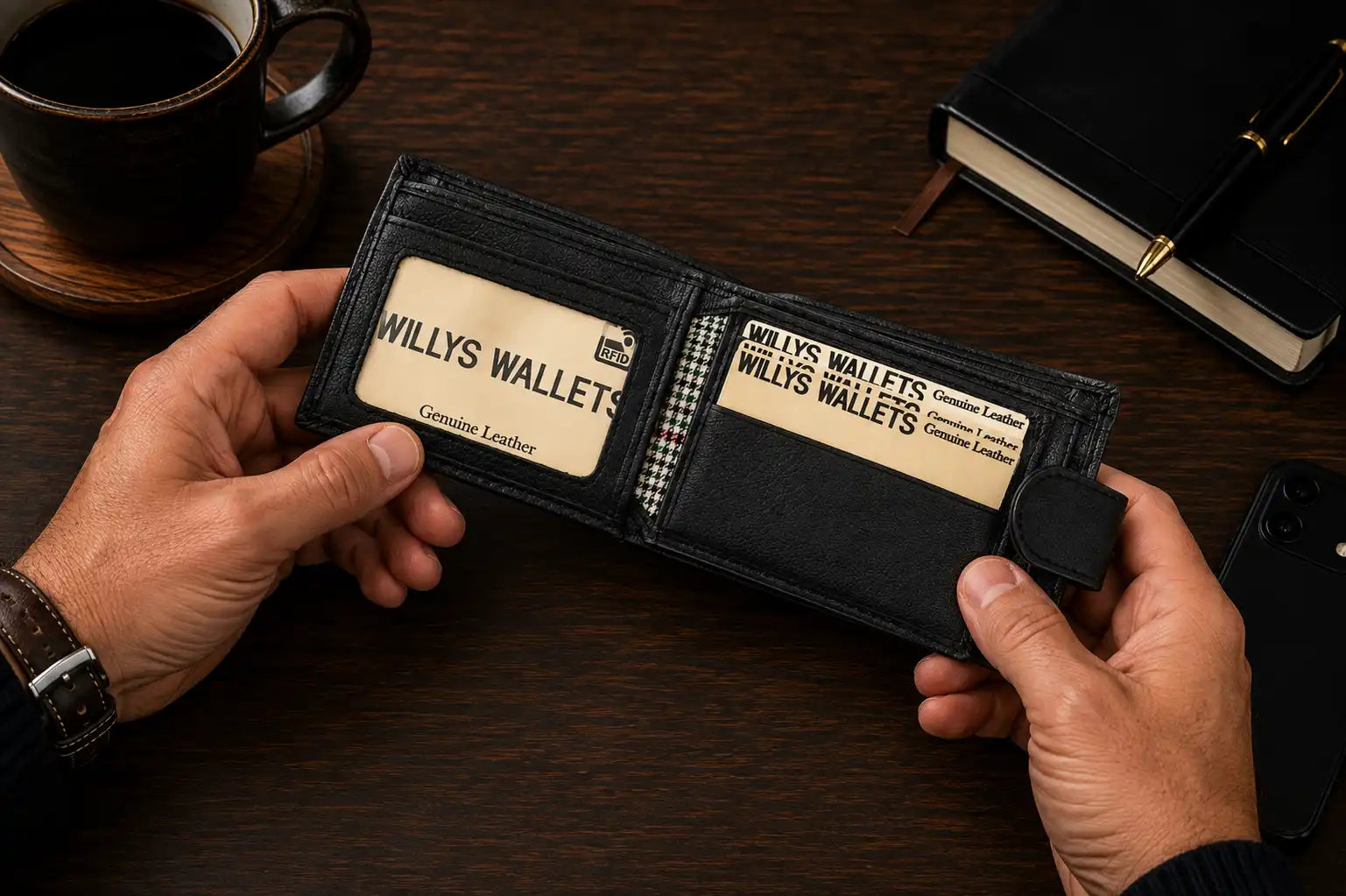 Personalised Black Leather Wallet – Bifold with Coin Pocket & Custom Engraving