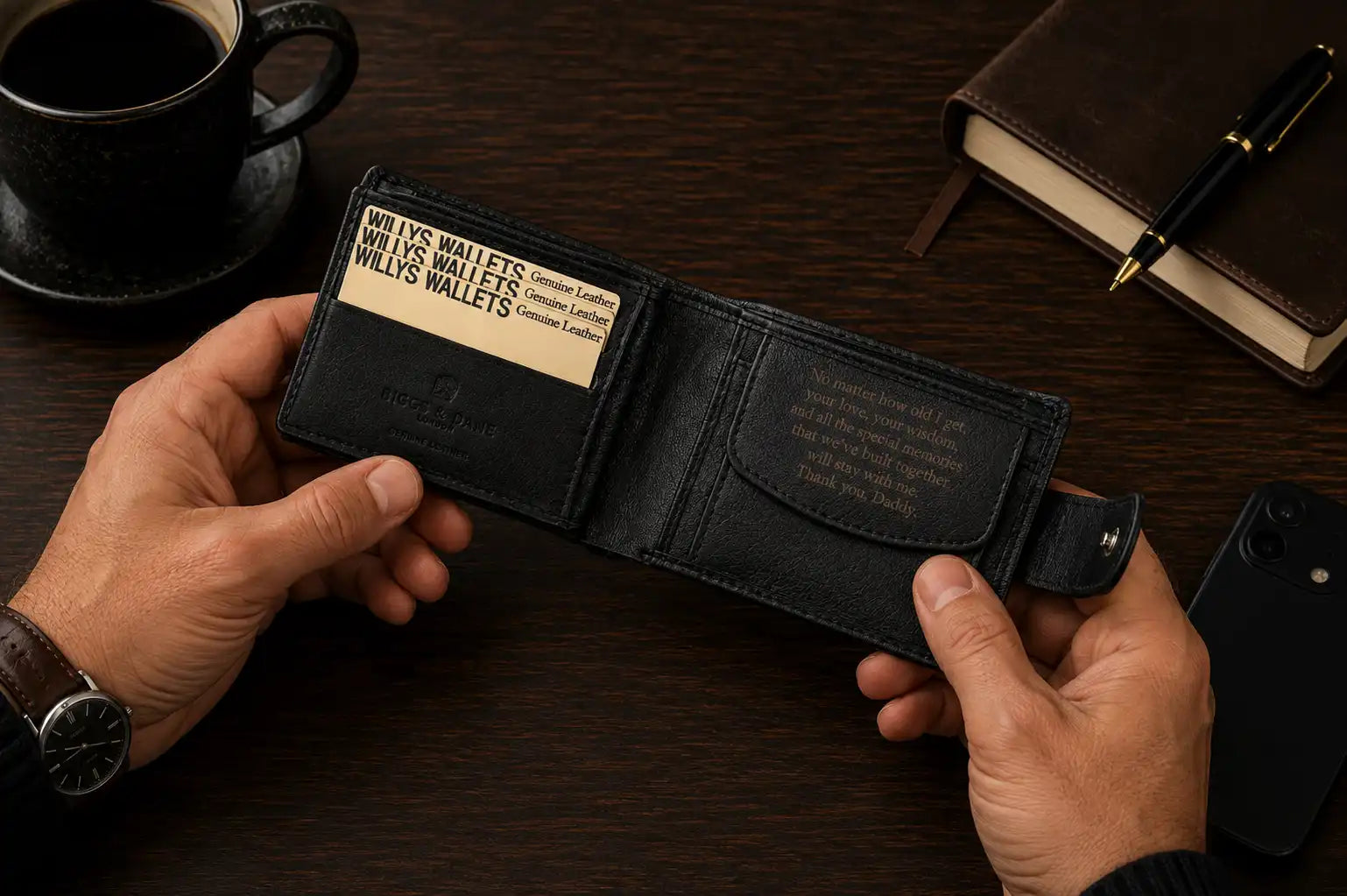 Personalised Black Leather Wallet – Bifold with Coin Pocket & Custom Engraving