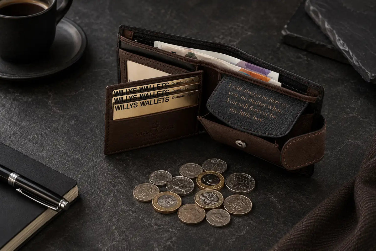 Personalised Black & Dark Brown Leather Wallet – Bifold with Coin Pocket & Custom Engraving