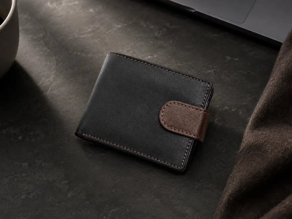 Personalised Black & Dark Brown Leather Wallet – Bifold with Coin Pocket & Custom Engraving