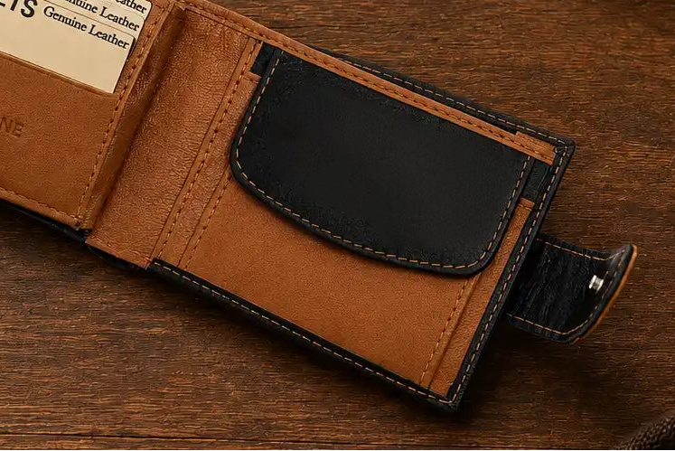 Personalised Black & Tan Leather Wallet – Bifold with Coin Pocket & Custom Engraving