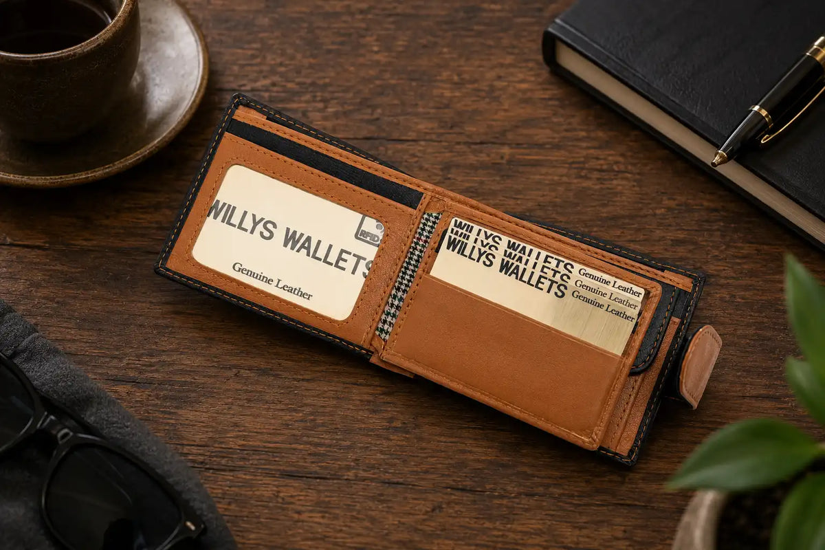 Personalised Black & Tan Leather Wallet – Bifold with Coin Pocket & Custom Engraving