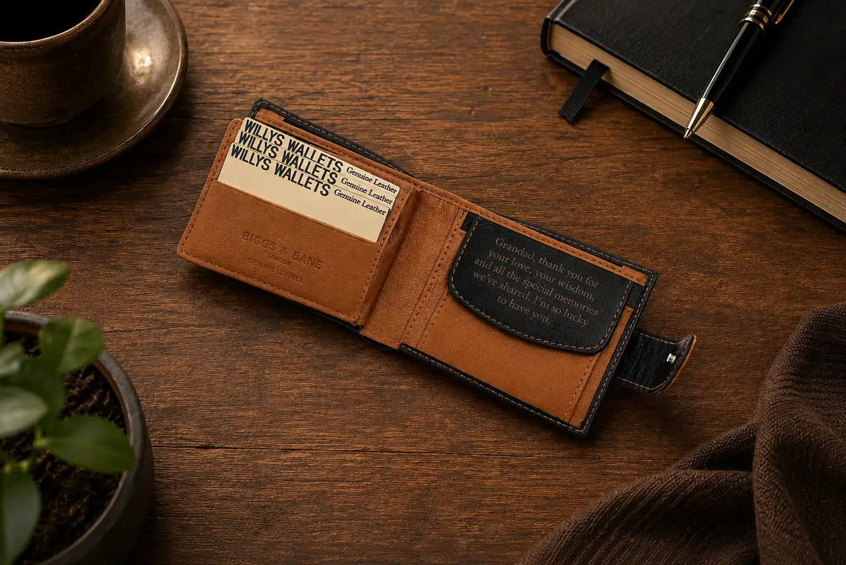 Personalised Black & Tan Leather Wallet – Bifold with Coin Pocket & Custom Engraving